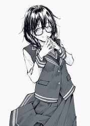 Rule 34 | 1girl, black-framed eyewear, blazer, blush, bow, braid, cevio, closed mouth, collared shirt, commentary request, glasses, hair between eyes, hair bow, hanakuma chifuyu, highres, jacket, keechino, long hair, looking at viewer, miniskirt, monochrome, necktie, pleated skirt, shirt, side braids, simple background, sketch, skirt, smile, solo, swept bangs, vest, white background, white shirt