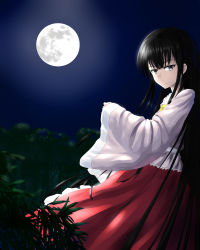 Rule 34 | 1girl, absurdres, atkdog, backlighting, bamboo, bamboo forest, black eyes, black hair, blurry, bow, depth of field, forest, frilled skirt, frills, full moon, highres, hime cut, houraisan kaguya, japanese clothes, kimono, long hair, long skirt, long sleeves, looking at viewer, looking to the side, moon, moonlight, nature, night, night sky, red skirt, skirt, sky, smile, solo, touhou, very long hair, wide sleeves, wind