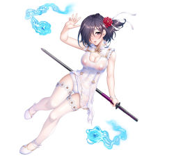 Rule 34 | 1girl, black hair, blue fire, breasts, cleavage, commentary request, covered erect nipples, dress, fire, flower, full body, hair flower, hair ornament, hair over one eye, highres, holding, holding sword, holding weapon, katana, large breasts, looking at viewer, no bra, official art, open mouth, panties, sano toshihide, scabbard, see-through, sheath, shoes, short hair, simple background, sleeveless, solo, sword, taimanin (series), taimanin rpgx, thighhighs, tongue, underwear, weapon, wet, white background, zol