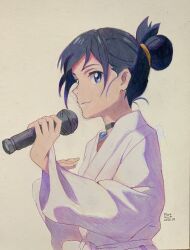Rule 34 | 1girl, absurdres, amano hina (tenki no ko), artist name, black choker, blue eyes, blue hair, choker, closed mouth, colored pencil (medium), commentary, commentary request, dated, english commentary, hair bun, highres, holding, holding microphone, korean commentary, making-of available, microphone, mixed-language commentary, p.art, simple background, single hair bun, solo, tenki no ko, traditional media, upper body, white bathrobe