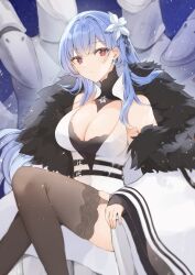 Rule 34 | 1girl, absurdres, azur lane, bare shoulders, black garter straps, blue hair, breasts, brown thighhighs, cleavage, coat, earrings, flower, fur-trimmed coat, fur trim, garter straps, hair flower, hair ornament, highres, jewelry, lace, lace-trimmed legwear, lace trim, large breasts, long hair, long sleeves, open clothes, open coat, red eyes, rin (yukameiko), sitting, solo, thighhighs, very long hair, voroshilov (azur lane), white coat, white flower, wide sleeves