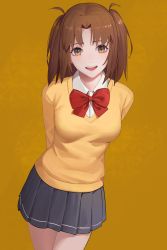 Rule 34 | 1girl, absurdres, arms behind back, bow, bowtie, breasts, brown eyes, brown hair, cardigan, collared shirt, drid, grey skirt, highres, long sleeves, looking at viewer, medium breasts, medium hair, miniskirt, open mouth, parted bangs, pleated skirt, red bow, school uniform, shirt, simple background, skirt, smile, solo, teeth, tsukihime, tsukihime (remake), two side up, uniform, upper teeth only, white shirt, yellow background, yellow cardigan, yumizuka satsuki