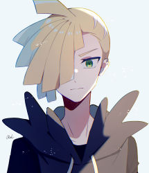 Rule 34 | 1boy, ahoge, blonde hair, closed mouth, creatures (company), ear piercing, eyelashes, game freak, gladion (pokemon), green eyes, hair over one eye, highres, hood, hood down, hoodie, looking at viewer, male focus, nintendo, piercing, pokemon, pokemon sm, short hair, signature, solo, tere asahi, upper body
