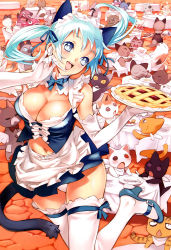 Rule 34 | 1girl, absurdres, animal, animal ears, apron, aqua hair, blue eyes, breasts, cat, cat ears, cat tail, cleavage, elbow gloves, food, frills, girl&#039;s avenue, gloves, headset, high heels, highres, large breasts, long hair, mary janes, megami magazine, navel, nishieda, official art, original, panties, pantyshot, pie, restaurant, ribbon, shoes, smile, solo, table, tail, thighhighs, too many, too many cats, twintails, underwear, waitress, white thighhighs