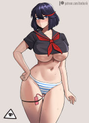 Rule 34 | black hair, blue eyes, blush, breasts, closed mouth, cowboy shot, crop top, donburi (donburikazoku), grey background, highres, kill la kill, large breasts, matoi ryuuko, multicolored hair, navel, panties, red hair, sex toy, short sleeves, simple background, skindentation, standing, striped clothes, striped panties, sweat, two-tone hair, underboob, underwear, vibrator