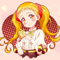 Rule 34 | 1girl, blonde hair, blush, box, closed mouth, cropped torso, dress shirt, floating hair, gift, gift box, grey background, hair ornament, hair scrunchie, head tilt, heart, highres, holding, holding box, kasugano urara (yes! precure 5), kyoutsuugengo, long hair, long sleeves, looking at viewer, neck ribbon, precure, red scrunchie, ribbon, scrunchie, shirt, smile, solo, twintails, very long hair, white shirt, yellow eyes, yellow ribbon, yes! precure 5