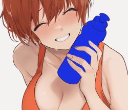 Rule 34 | 1girl, akito (d30n26), bare shoulders, blush, bottle, breasts, cleavage, closed eyes, from above, grin, highres, holding, holding bottle, large breasts, nagi (akito), orange hair, orange tank top, original, smile, sweat, tank top, unfinished, water bottle, white background