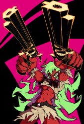 Rule 34 | 1girl, absurdres, breasts, colored skin, demon girl, demon horns, dress, green eyes, green hair, gun, highres, horns, kekel, large breasts, long hair, panty &amp; stocking with garterbelt, red skin, scanty (psg), solo, thighs, torn clothes, torn dress, underboob, weapon