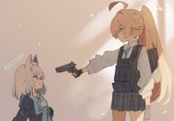 Rule 34 | 2girls, ahoge, aiming, animal ear fluff, animal ears, black gloves, black jacket, black skirt, blazer, blue archive, blue eyes, blue halo, blue scarf, clenched teeth, closed mouth, collared shirt, extra ears, fingerless gloves, gloves, grey hair, gun, halo, highres, holding, holding gun, holding weapon, hoshino (blue archive), jacket, long hair, medium hair, multiple girls, official alternate costume, official alternate hairstyle, pink hair, pink halo, pleated skirt, ponytail, scarf, shiroko (blue archive), shirt, skirt, spoilers, teeth, wagashi928, weapon, white shirt, wolf ears