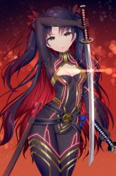 Rule 34 | 1girl, aozora nan, arm up, black bodysuit, black hair, bodysuit, breasts, commentary request, covered navel, fate/grand order, fate (series), glint, grey eyes, groin, hair ornament, highres, holding, holding sword, holding weapon, horns, ishtar (fate), katana, looking at viewer, multicolored hair, parted bangs, red hair, sheath, small breasts, solo, space ishtar (fate), space ishtar (first ascension) (fate), sword, two-tone hair, two side up, unsheathed, weapon