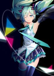 Rule 34 | 1girl, absurdres, aqua eyes, armpits, black background, blush, detached sleeves, hair ribbon, hatsune miku, highres, long hair, one eye closed, ribbon, skindentation, skirt, smile, solo, thighhighs, thighs, twintails, vocaloid, wide sleeves, yyb, zettai ryouiki