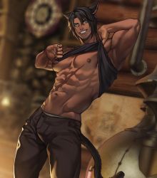 Rule 34 | 1boy, abs, animal ears, artist name, bara, biceps, black hair, blue eyes, blurry, blurry background, cat ears, cat tail, clothes lift, commission, dark-skinned male, dark skin, final fantasy, final fantasy xiv, highres, jouvru, looking at viewer, male focus, male underwear, map, muscular, muscular male, navel, nipples, original, outdoors, pants, pectoral cleavage, pectorals, scar, scar on stomach, shirt lift, smile, solo, tail, tank top, topless male, underwear, warrior of light (ff14)