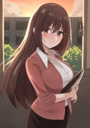 Rule 34 | 1girl, absurdres, blush, book, breasts, brown eyes, brown hair, collared shirt, from side, highres, io (princess connect!), io (real) (princess connect!), large breasts, long hair, long sleeves, looking at viewer, princess connect!, shirt, skirt, solo, split mouth, teacher, yanazawa ko