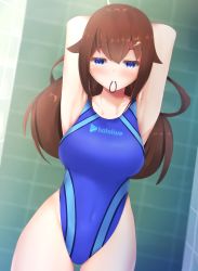 Rule 34 | 1girl, absurdres, arm behind head, armpits, arms up, blue eyes, blue one-piece swimsuit, blurry, brown hair, commentary request, competition swimsuit, covered navel, cowboy shot, depth of field, dutch angle, hair flaps, highleg, highleg swimsuit, highres, hololive, long hair, looking at viewer, mouth hold, one-piece swimsuit, rubber band, solo, swimsuit, thighs, tile wall, tiles, tokino sora, tonokawa, virtual youtuber
