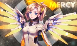 Rule 34 | 1girl, armor, artist name, blonde hair, blue eyes, blush, bodysuit, breastplate, breasts, character name, closed mouth, emblem, eyelashes, halo, headgear, high collar, highres, lips, logo, long hair, long sleeves, looking at viewer, mechanical halo, mechanical wings, medium breasts, mercy (overwatch), nose, overwatch, overwatch 1, pink lips, ponytail, sasucchi95, skin tight, smile, solo, spread wings, turtleneck, upper body, wing print, wings, yellow wings