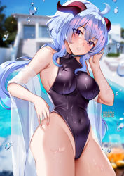 Rule 34 | 1girl, ahoge, artist name, bare arms, bare shoulders, black one-piece swimsuit, blue hair, collarbone, commentary, covered erect nipples, covered navel, crossed bangs, day, duplicate, ganyu (genshin impact), genshin impact, goat horns, highleg, highleg swimsuit, highres, horns, light blue hair, looking at viewer, one-piece swimsuit, outdoors, parted lips, pixel-perfect duplicate, purple eyes, solo, squchan, swimsuit, water, water drop, wet, wet clothes, wet swimsuit