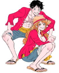 Rule 34 | 1boy, 1girl, black eyes, black hair, cosplay, fur-trimmed shorts, fur trim, grin, hand on headwear, hands on own knees, hat, highres, mike (tomatomato244), monkey d. luffy, monkey d. luffy (cosplay), nami (one piece), one piece, open clothes, open shirt, orange eyes, orange hair, red shirt, sandals, sash, scar, scar on chest, shirt, short hair, shorts, smile, squatting, straw hat, unbuttoned, unbuttoned shirt, white background, yellow sash