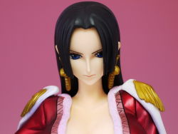Rule 34 | 1girl, amazon lily, amazon warrior, black hair, blue eyes, boa hancock, breasts, cleavage, earrings, female focus, figure, jacket, jewelry, one piece, photo (medium), red jacket, simple background, solo