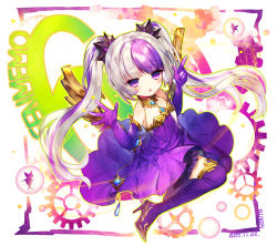 Rule 34 | 1girl, artist name, bare shoulders, blush, boots, bubble, collarbone, commentary request, copyright request, dated, dress, elbow gloves, fairy, fairy wings, full body, gears, gloves, hair ornament, long hair, looking at viewer, multicolored hair, parted lips, purple dress, purple eyes, purple footwear, purple gloves, purple hair, purple thighhighs, renta (deja-vu), sidelocks, silver hair, solo, streaked hair, thigh boots, thighhighs, twintails, very long hair, wings