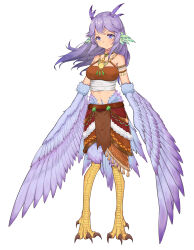 Rule 34 | 1girl, absurdres, animal ears, bare shoulders, bird ears, bird legs, bird tail, blush, breasts, commentary request, da zhizhu, feathered wings, feathers, full body, green feathers, harpy, highres, long hair, medium breasts, midriff, monster girl, original, purple eyes, purple hair, purple wings, simple background, skirt, solo, tail, talons, white background, winged arms, wings