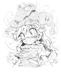 Rule 34 | 1girl, american flag dress, bandaid, blush, clownpiece, crying, crying with eyes open, greyscale, harusame (unmei no ikasumi), hat, jester cap, long hair, monochrome, open mouth, solo, tears, touhou, upper body, wavy hair