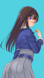 Rule 34 | 1girl, black hair, blue background, blue dress, bullet, closed mouth, cowboy shot, dress, from behind, frown, grey dress, highres, holding, inoue takina, jj (ssspulse), long hair, long sleeves, looking at viewer, looking back, lycoris recoil, lycoris uniform, pleated dress, purple eyes, simple background, solo, standing, straight hair, two-tone dress
