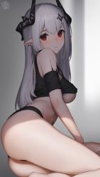 Rule 34 | 1girl, absurdres, arknights, ass, black panties, blurry, blurry background, blush, breasts, clothes lift, crop top, demon horns, dhokidoki, ear piercing, highres, horns, long hair, looking at viewer, medium breasts, mudrock (arknights), panties, parted lips, piercing, pointy ears, red eyes, sarashi, shirt lift, sitting, solo, thighs, underboob, underwear, white hair