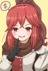 Rule 34 | 1girl, anna (fire emblem), anna (fire emblem engage), black gloves, blush, brown cape, cape, crossed bangs, dollar sign, dress, eyelashes, fire emblem, fire emblem engage, gloves, highres, long sleeves, looking at viewer, nintendo, open mouth, patty ojisan, ponytail, red dress, red eyes, red hair, solo, two-tone dress, upper body, white dress