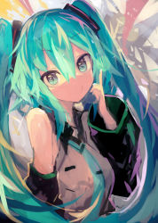 Rule 34 | 1girl, absurdres, aqua eyes, aqua hair, aqua necktie, bare shoulders, closed mouth, commentary, detached sleeves, grey shirt, hair between eyes, hair ornament, hand up, hatsune miku, highres, kaamin (mariarose753), long hair, looking at viewer, necktie, pointing, pointing up, shirt, sidelocks, solo, twintails, upper body, vocaloid