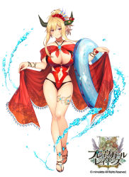Rule 34 | 1girl, blonde hair, blush, brave girl ravens, breasts, cleavage, company name, copyright name, full body, gem, hair up, horns, horosuke, innertube, jewelry, large breasts, looking at viewer, navel, necklace, official art, one-piece swimsuit, parted bangs, pointy ears, red eyes, red one-piece swimsuit, sandals, solo, swim ring, swimsuit, thighs, water, watermark