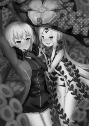 Rule 34 | 2girls, abigail williams (fate), abigail williams (third ascension) (fate), ahoge, arm up, blurry, blurry background, blush, bow, closed mouth, commentary request, depth of field, dress, fate/grand order, fate (series), fur-trimmed jacket, fur trim, greyscale, hat, hat bow, head tilt, jacket, jeanne d&#039;arc (fate), jeanne d&#039;arc alter (fate), jeanne d&#039;arc alter (ver. shinjuku 1999) (fate), long hair, monochrome, multiple girls, nenosame, nose blush, open clothes, open jacket, panties, parted bangs, parted lips, polka dot, polka dot bow, revealing clothes, short dress, smile, suction cups, tentacles, underwear, very long hair, wavy mouth, witch hat, yuri