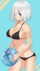 Rule 34 | 10s, 1girl, anchor symbol, ball, beachball, bikini, black bikini, blue eyes, breasts, female focus, hair ornament, hair over one eye, hairclip, hamakaze (kancolle), isshiki (ffmania7), kantai collection, large breasts, looking at viewer, short hair, silver hair, simple background, smile, solo, striped, striped background, swimsuit, underboob