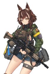 Rule 34 | 1girl, animal ear fluff, animal ears, assault rifle, blue shorts, blush, breasts, brown gloves, brown hair, camouflage, camouflage jacket, canadian flag, closed mouth, colt canada c7, commentary, commission, digital camouflage, elbow pads, english commentary, foregrip, gloves, green jacket, green panties, gun, gun sling, highres, holding, holding gun, holding weapon, hybrid sight, jacket, leaf print, long sleeves, looking at viewer, m16, maple leaf print, medium breasts, military jacket, multicolored hair, optical sight, orange eyes, original, panties, puffy long sleeves, puffy sleeves, rifle, scope, short shorts, shorts, shrug (clothing), sideboob, simple background, smile, solo, streaked hair, syaha, tryzub, ukrainian flag, underwear, vertical foregrip, weapon, white background, white hair