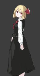 Rule 34 | 1girl, ascot, black background, black skirt, black vest, blonde hair, closed mouth, collared shirt, feet out of frame, from side, hair ribbon, highres, kashiwada kiiho, long sleeves, looking at viewer, red ascot, red eyes, red ribbon, ribbon, rumia, shirt, short hair, simple background, skirt, solo, touhou, vest, white shirt