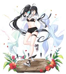 Rule 34 | 1girl, ;d, ahoge, bare legs, bikini, bikini top only, black bikini, black choker, black hair, black shorts, blue eyes, breasts, choker, cleavage, closers, cropped hoodie, drawstring, fang, food, hand up, highres, holding, holding food, holding popsicle, hood, hood down, hoodie, leg ribbon, leg up, long hair, long sleeves, looking at viewer, medium breasts, navel, non-web source, official art, one eye closed, open mouth, popsicle, ribbon, sandals, short shorts, shorts, side ponytail, smile, solo, stomach, swimsuit, thigh strap, thighs, very long hair, white hoodie, yuri seo, zipper pull tab