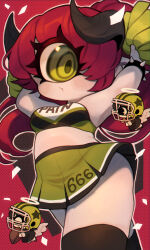 Rule 34 | 3girls, american football, american football helmet, angel wings, arm behind head, black thighhighs, bracelet, breasts, cheerleader, commentary, commentary request, confetti, crop top, cyclops, demon girl, demon horns, english commentary, green eyes, helmet, highres, holding, holding pom poms, horns, jewelry, long hair, medium breasts, midriff, miniskirt, mixed-language commentary, multiple girls, one-eyed, original, pleated skirt, pom pom (cheerleading), pom poms, ponytail, red hair, shortstack, skirt, spiked bracelet, spikes, thighhighs, wings, zettai ryouiki, zombiemiso