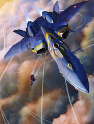 Rule 34 | 1990s (style), 1boy, aircraft, airplane, battle, fighter jet, flying, ghost, ghost drone, guld goa bowman, highres, jet, macross, macross plus, mecha, military, military vehicle, official art, omega one, realistic, retro artstyle, robot, scan, science fiction, sharon apple, tenjin hidetaka, variable fighter, vehicle focus, x-9, yf-21