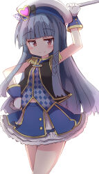 Rule 34 | 1girl, absurdres, arm up, blue hair, blue skirt, blue vest, blush, cane, checkered clothes, checkered vest, commentary, cowboy shot, epaulettes, flat chest, frilled skirt, frills, gloves, hand on own hip, hat, highres, holding, holding cane, idolmaster, idolmaster cinderella girls, jitome, l.m.b.g (idolmaster), long hair, looking at viewer, red eyes, sajo yukimi, sidelocks, skirt, smile, solo, thighs, umberblack, vest, white background, white gloves, white hat, wrist cuffs
