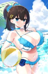 Rule 34 | 1girl, arm strap, ball, bare shoulders, beachball, bikini, blue bikini, blue eyes, blue scrunchie, blue sky, breasts, cleavage, cloud, collarbone, cowboy shot, day, frilled bikini, frills, hair ornament, hair scrunchie, highres, holding, large breasts, long hair, looking at viewer, nail polish, navel, ocean, omizu (h2o), original, outdoors, scrunchie, skindentation, sky, solo, stomach, summer, swimsuit, twintails, wet
