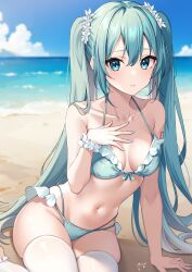 Rule 34 | 1girl, absurdres, aqua eyes, aqua hair, arm support, beach, bikini, blue bikini, blue nails, blue sky, breasts, cleavage, closed mouth, cloud, collarbone, commentary, day, frilled bikini, frills, guri (gri1211), hair between eyes, hair ornament, hand on own chest, hatsune miku, highres, long hair, looking at viewer, medium breasts, navel, ocean, outdoors, scrunchie, shoulder tattoo, sidelocks, signature, sitting, sky, solo, stomach, swimsuit, tattoo, thighhighs, twintails, very long hair, vocaloid, white thighhighs, wrist scrunchie