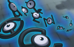 Rule 34 | black eyes, blurry, commentary request, creatures (company), closed eyes, film grain, floating, game freak, gen 2 pokemon, glowing, half-closed eye, looking at another, naoki eguchi, nintendo, no humans, pokemon, pokemon (creature), unown, unown !, unown ?, unown a, unown c, unown e, unown g, unown h, unown l, unown n