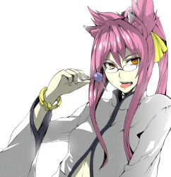 Rule 34 | 1girl, animal ears, arc system works, bad id, bad pixiv id, bangle, blazblue, bow, bracelet, candy, cat ears, cat girl, clothing cutout, coat, fang, female focus, food, glasses, hair bow, hair ribbon, jewelry, kokonoe (blazblue), lollipop, long hair, navel cutout, open mouth, orange eyes, pince-nez, pink hair, ponytail, ribbon, sidelocks, simple background, solo, tongue, tongue out, wide sleeves, yellow eyes, yosimura
