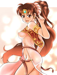 Rule 34 | 1girl, :d, ahoge, armlet, breasts, brown eyes, brown hair, capelet, circlet, covered erect nipples, dress, earrings, female focus, fire emblem, fire emblem: mystery of the emblem, groin, impossible clothes, impossible dress, jewelry, linde (fire emblem), long hair, looking back, nintendo, no panties, open mouth, ponytail, rope, sato iori, scrunchie, see-through, side slit, smile, solo, standing, very long hair
