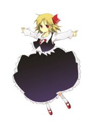 Rule 34 | 1girl, anime coloring, bad id, bad pixiv id, blonde hair, dress, embodiment of scarlet devil, expressionless, female focus, flying, mihaya (a-ta-i), outstretched arms, red eyes, ribbon, rumia, short hair, solo, spread arms, touhou