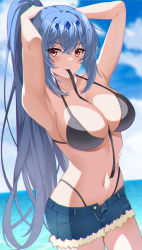 Rule 34 | 1girl, armpits, between breasts, bikini, black bikini, breasts, cleavage, denim, denim shorts, epic seven, hair tie, hair tie in mouth, highres, large breasts, looking at viewer, mouth hold, navel, outdoors, penelope (epic seven), ponytail, red eyes, rin ateria, shorts, solo, stomach, swimsuit, thighs