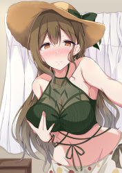 Rule 34 | 1girl, ahoge, bikini, black bikini, black bow, blush, bow, braid, braided ponytail, breasts, brown eyes, brown hair, brown hat, cleavage, commentary request, curtains, earrings, grabbing own breast, grey sarong, groin, hair over shoulder, half-closed eyes, halterneck, hat, hat bow, highres, idolmaster, idolmaster shiny colors, indoors, jewelry, kuwayama chiyuki, large breasts, leaning forward, long hair, looking at viewer, naba (take tonbo), navel, partial commentary, sarong, see-through, see-through cleavage, selfie, single braid, solo, standing, sun hat, swimsuit