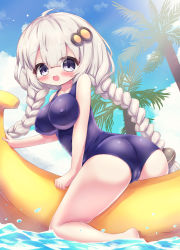 Rule 34 | 1girl, :d, ahoge, ass, bad id, bad pixiv id, bare arms, bare legs, bare shoulders, barefoot, blue one-piece swimsuit, blue sky, blush, braid, breasts, cameltoe, cloud, collarbone, commentary request, covered erect nipples, day, grey eyes, hair between eyes, hair ornament, inflatable toy, kizuna akari, large breasts, long hair, looking at viewer, looking to the side, low twintails, on banana, one-piece swimsuit, open mouth, outdoors, palm tree, school swimsuit, silver hair, sky, smile, solo, swimsuit, tree, twin braids, twintails, twisted torso, very long hair, vocaloid, voiceroid, waste (arkaura), water