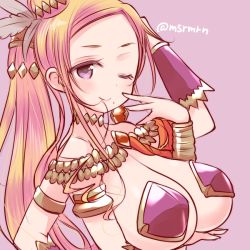Rule 34 | 1girl, ;), arm up, armlet, armor, bad id, bad pixiv id, bare shoulders, bikini armor, blonde hair, blush, breast hold, breasts, choker, colored eyelashes, extra arms, feather hair ornament, feathers, from side, hair in own mouth, hair ornament, hand to own mouth, huge breasts, jewelry, kali (p&amp;d), large breasts, long hair, mashiro miru, mole, mole under mouth, one eye closed, pasties, ponytail, purple armor, purple background, purple eyes, puzzle &amp; dragons, sagging breasts, simple background, smile, solo, twitter username, upper body, vambraces, very long hair