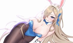 Rule 34 | 1girl, animal ears, asuna (blue archive), asuna (bunny) (blue archive), bare shoulders, black pantyhose, blue archive, blue bow, blue bowtie, blue eyes, blue leotard, blue ribbon, blush, bow, bowtie, breasts, cleavage, commentary, covered erect nipples, detached collar, elbow gloves, fake animal ears, gloves, grin, hair over one eye, hair ribbon, highres, large breasts, leotard, light brown hair, long hair, looking at viewer, lying, mole, mole on breast, on side, pantyhose, parted lips, playboy bunny, rabbit ears, ribbon, simple background, siun, smile, solo, teeth, thighs, traditional bowtie, very long hair, white background, white gloves