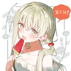 Rule 34 | 1girl, :d, blush, breasts, cecilia (shiro seijo to kuro bokushi), cleavage, cube hair ornament, dress, floral background, food, frilled dress, frills, green eyes, green hair, hair between eyes, hair ornament, holding, holding food, kazutake hazano, looking at viewer, low twintails, medium breasts, off-shoulder dress, off shoulder, open mouth, popsicle, shiro seijo to kuro bokushi, simple background, smile, solo, translation request, twintails, watermelon bar, white background, white dress